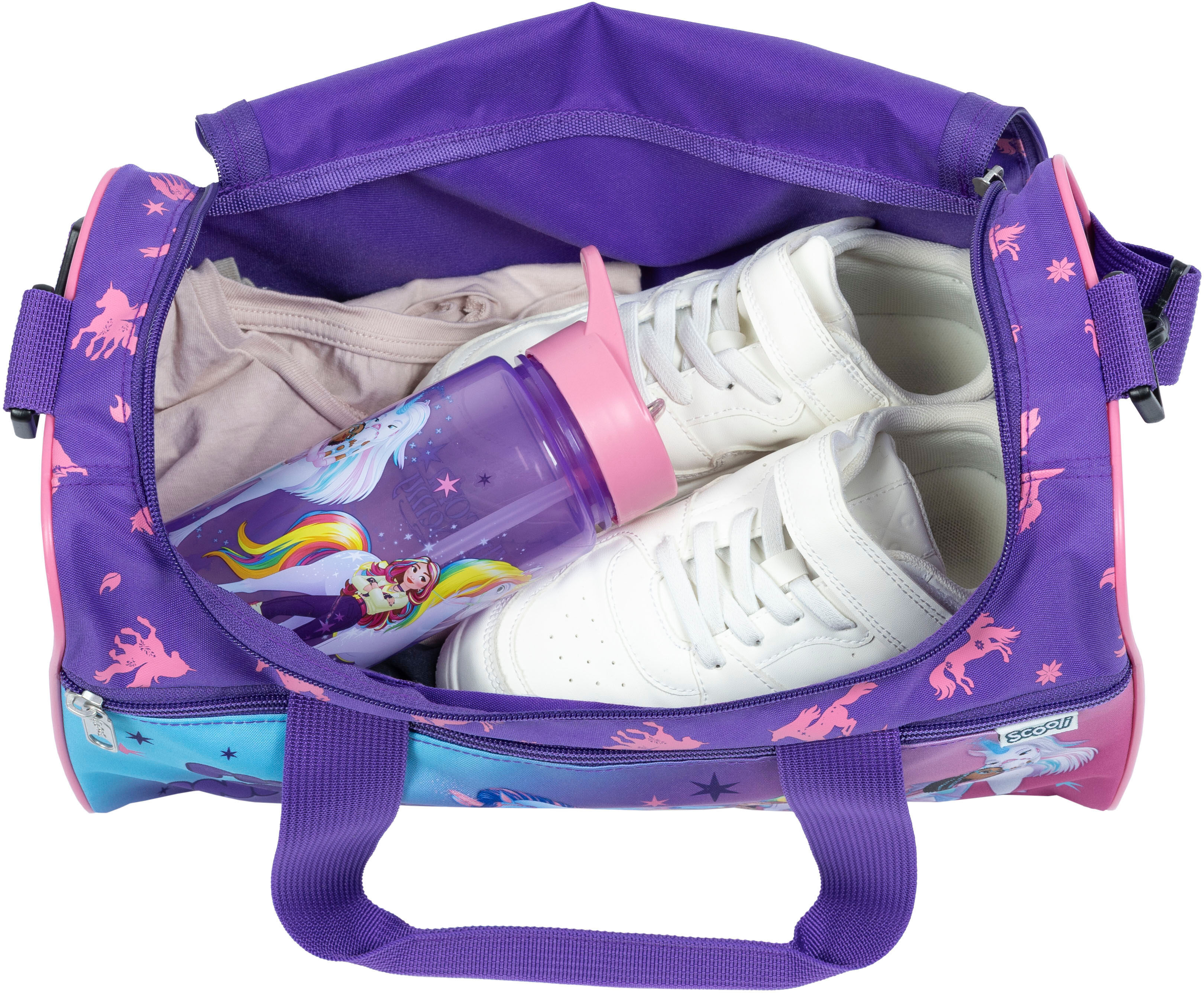 Sporttasche SCOOLI "Jurassic World", Damen, Gr. B/H/T: 35cm x 23cm, lila (unicorn academy), Polyester, Taschen Sporttasche unicorn academy B/H/T: 35cm x 23cm