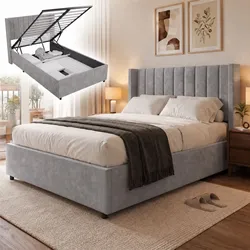 Juskys Polsterbett Savona 120x200 cm mit Stauraum, Lattenrost, Samt-Bezug, bis 250 kg - Hellgrau