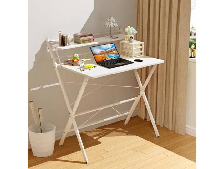 LVHCMFOHM Bureau Pliable Blanc 80x50cm avec Étagère Supérieure Cadre Métallique Ultra-Gain de Place pour Petits Espaces