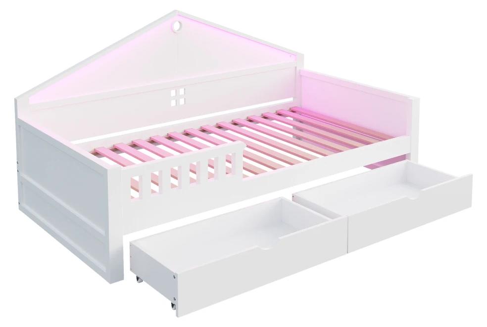Kinderbett 90 x 200 cm - Einzel-/Jugendbett - LED-Lichtleiste - 2 große Schubladen - Gitterdesign - Massivholz und MDF - Weiß