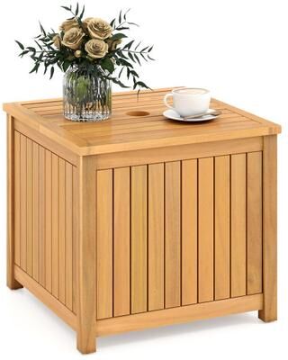 Costway 2-in-1 Outdoor Side Table with Storage Acacia Wood Slatted Coffee Table Square Slatted End Storage Box