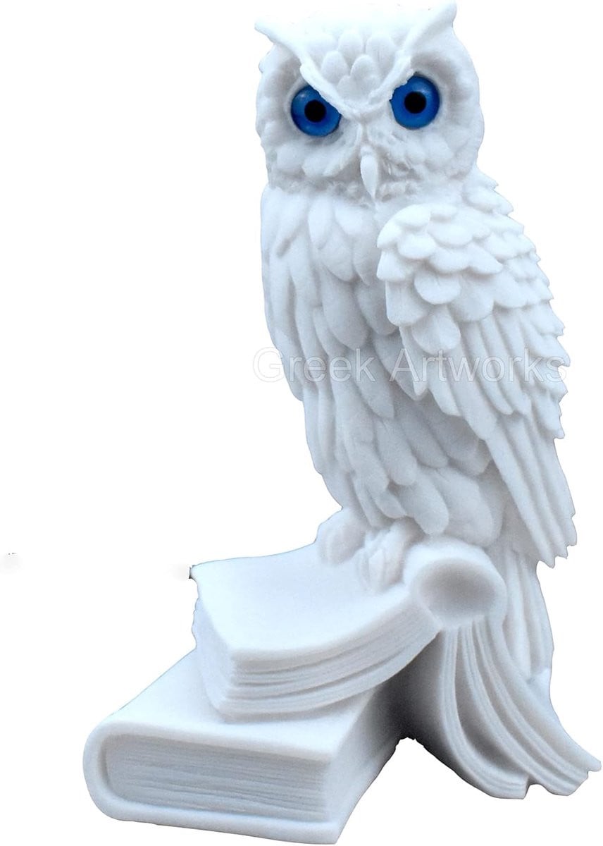 Handgemaakt Grieks beeldje van een uil in ivoorkleur, Hoogte: 16 cm