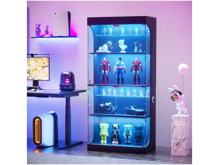 Vitrine en verre 4 niveaux avec LED et capteur intelligent - LPOSPI - portes vitrées panneaux de particules - noir