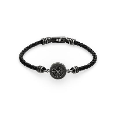 Armband S.OLIVER "Kompass-Optik", schwarz (gunfarben, schwarz), Armbänder, Herren, 22cm, Edelstahl Leder, Edelstahl, Leder, Armband