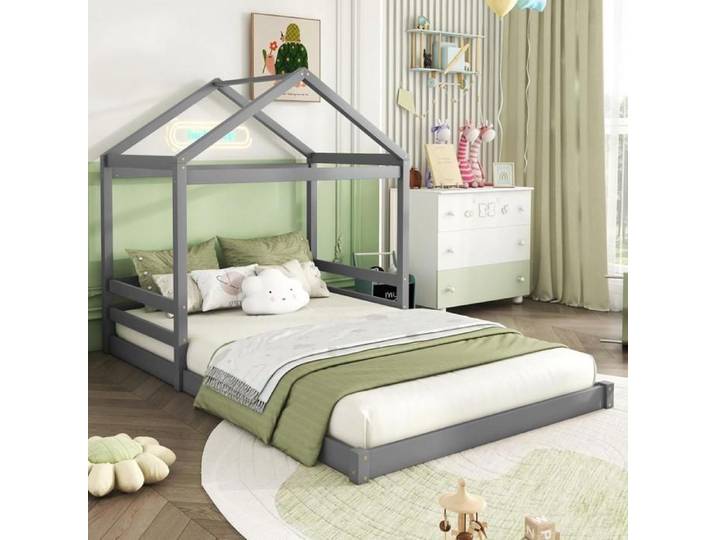 Lit enfant 140x200 cm cabane Lit double Pin Gris