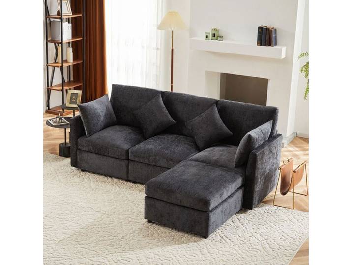Canapé d'angle - 3-4 Places - Tissu chenille - Gris - Design moderne