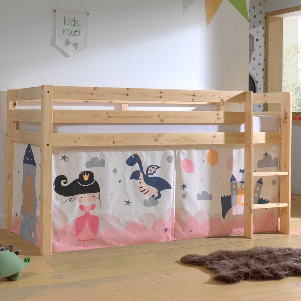 Pharao24.de Prinzessin Bett aus Kiefer Massivholz Vorhang Set