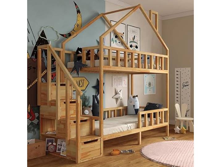 Stolarnia Fojtuch Holz-Etagenbett, Hausbett mit Treppe - Nikola - seitlicher Eingang - Kiefer (200x90)