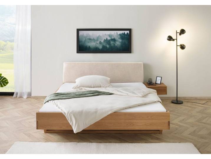 Bett mit Nachttisch rechts Eiche 200x200x85 natur geölt, Kopfteil beige FICHTELBERG #132