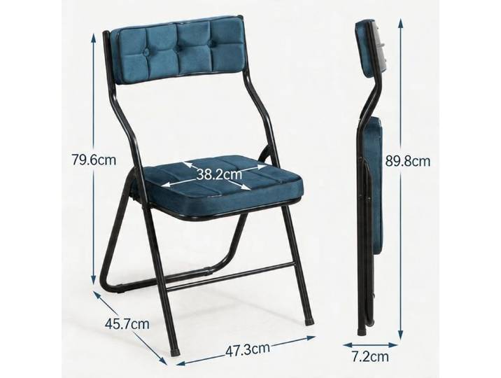 Chaise pliante - Velours bleu - Structure acier - Pliable et rembourrée - Lot de 2