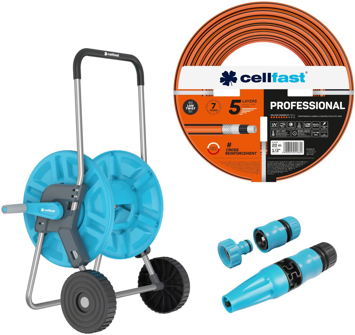 Cellfast Aluplus slangwagen met 60 m tuinslang 1/2" en Cellfast Basic sproeier 1/2" set