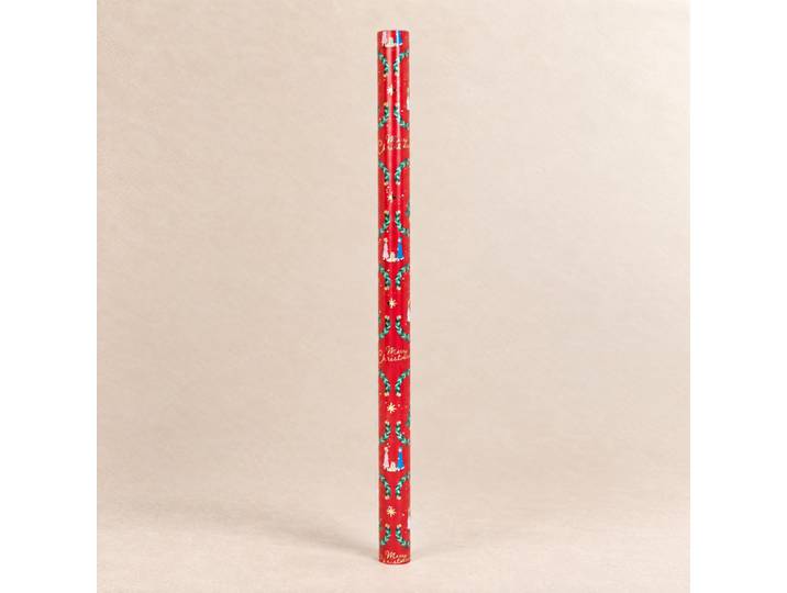 Geschenkpapierrolle mit mehrfarbigen Tannenbaummotiven