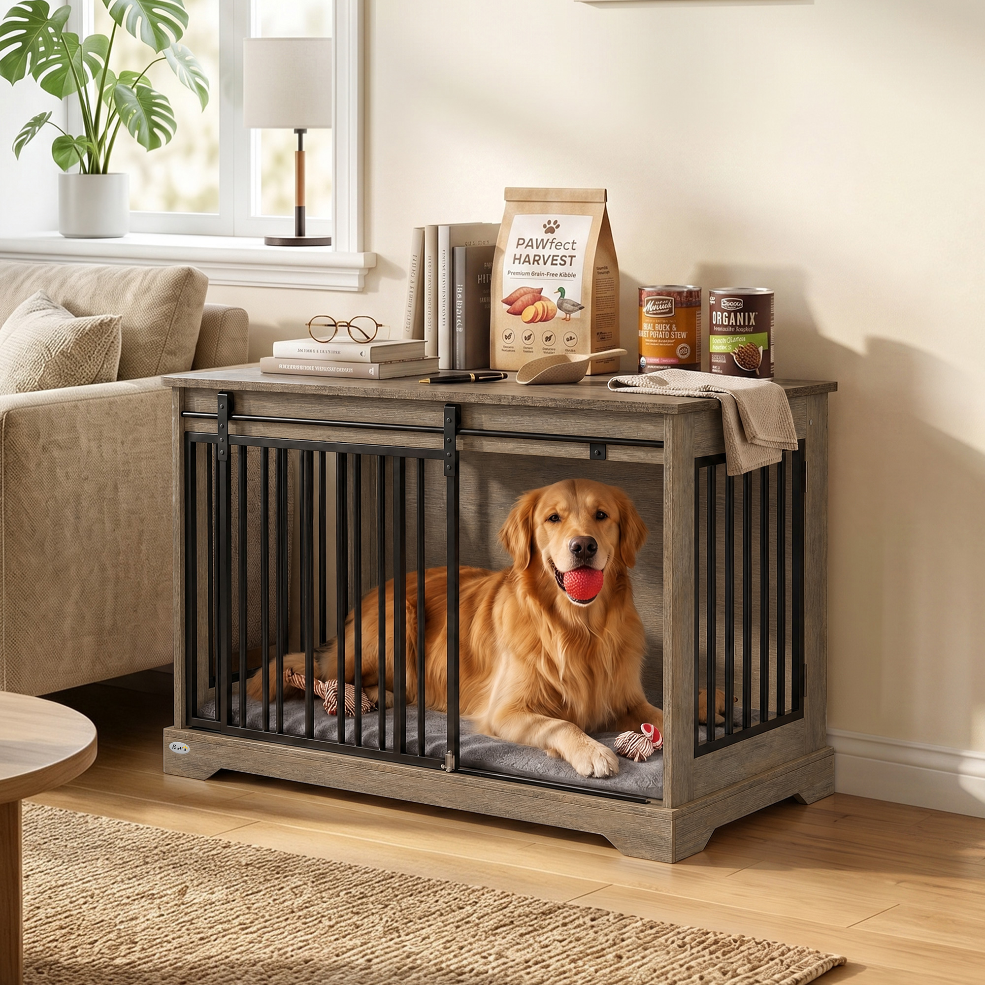 Pawhut Casetta per cani con porta scorrevole e tavolino, 100x60x68 cm, Grigio e Marrone Chiaro   Aosom Italy
