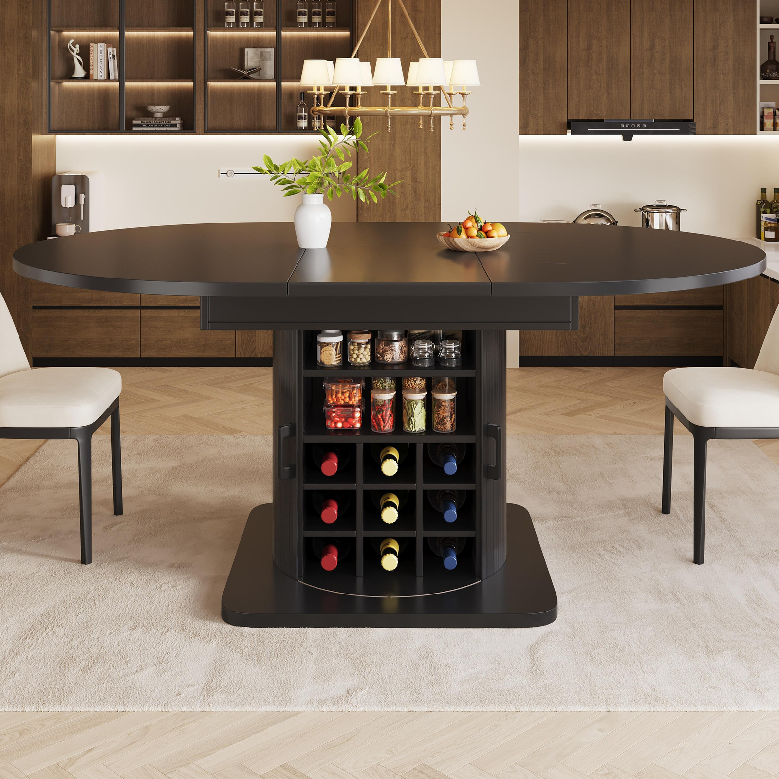 MODFU uitklapbare keukentafel met opbergruimte en uitschuifbare planken, zwart