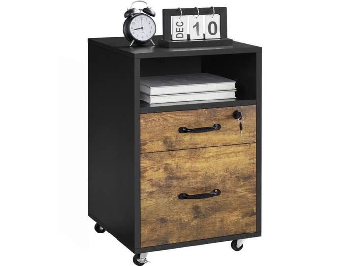 Caisson de Bureau sur Roulettes - Yaheetech - Meuble Rangement Dossier - 2 Tiroirs - Brun Rustique et Noir