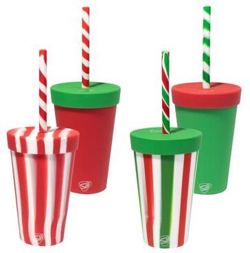 Silipint: Silicone 16 oz Straw Tumbler:4 Pk - Peppermint, Poinsettia, Classic Red & Green - Unbreakable, Holiday Gift