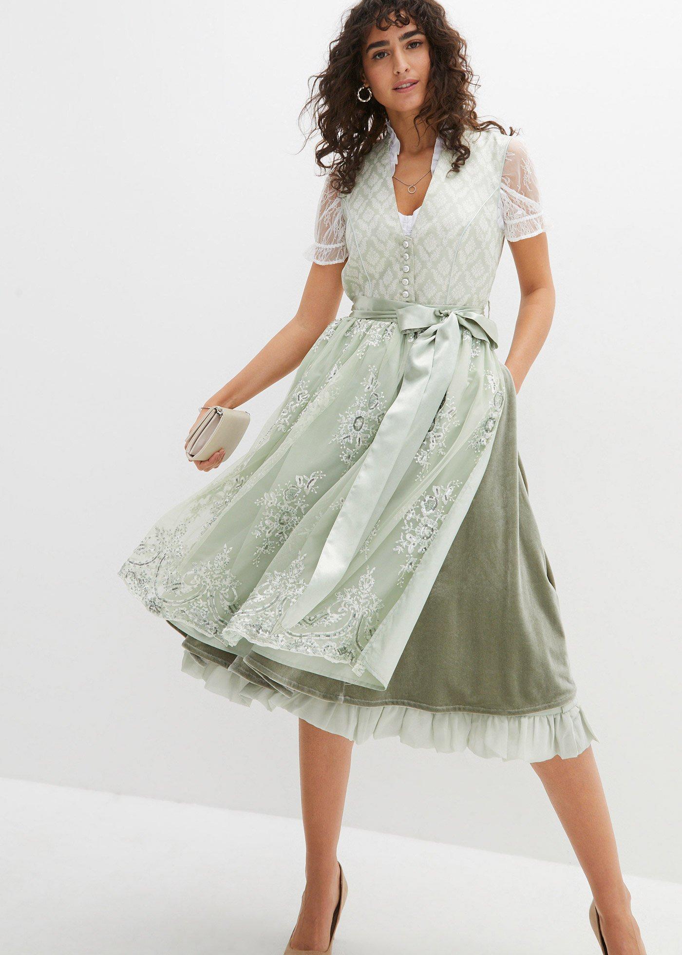 bonprix Dirndl mit Jacquard und Stickerei (2-tlg.Set), grün, Gr.44, Hochwertiges Dirndl aus edlem Jacquard mit dekorativer Knopfleiste und hübscher Stickerei, aus Samt