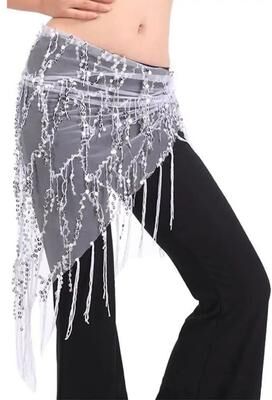Uplift Essentials Sequin Tassel Belly Dance Hip Scarf Professional Performance Waist Belt High Yield Kinetic Interaction Hub white