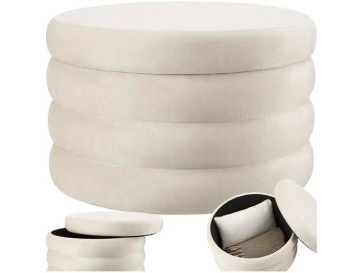 tectake® Hocker mit Stauraum, XL Scandi Sitzhocker Samt Stoff, Pouf, Polsterhocker rund für Schminktisch, Wohnzimmer Möbel, als Flur Möbel, Stauhocker Wohnen, Ø 67 x 42 cm - Samtoptik Creme-weiß