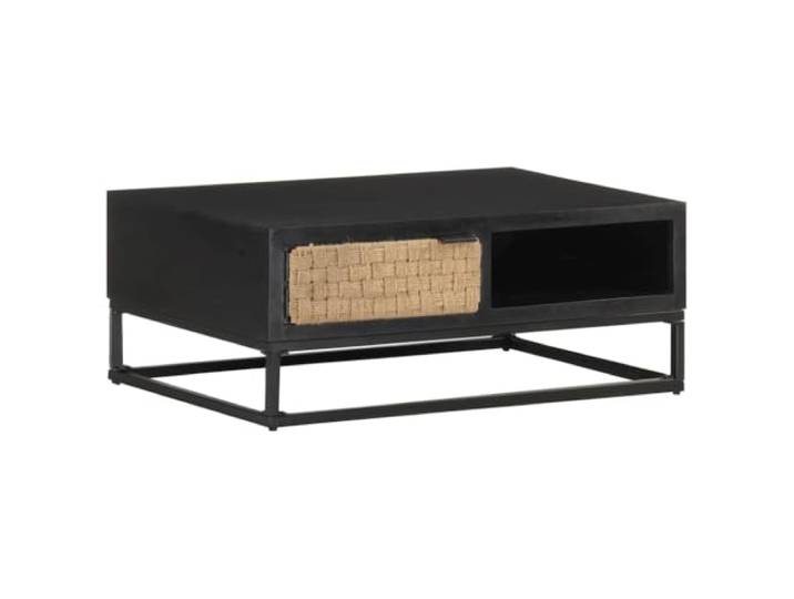 HEFZGDB Industrieller Couchtisch aus massivem Mangoholz 90x60x35 cm mit Eisengestell und Jutetür für Stauraum, Stabiler Akzenttisch mit Fach, langlebiges Massivholz Möbelstück.