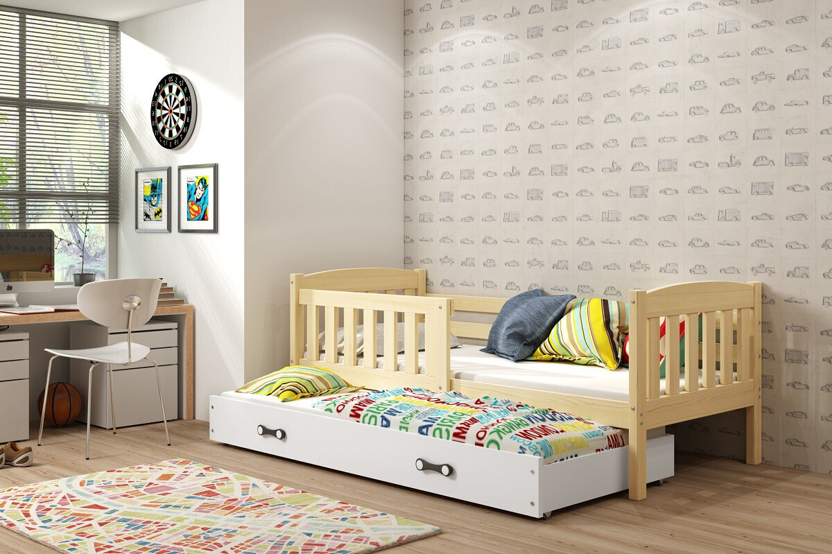 Kinderbett mit Zustellbett ohne Matratzen 80x190 BRIGID - Kiefer / Weiß