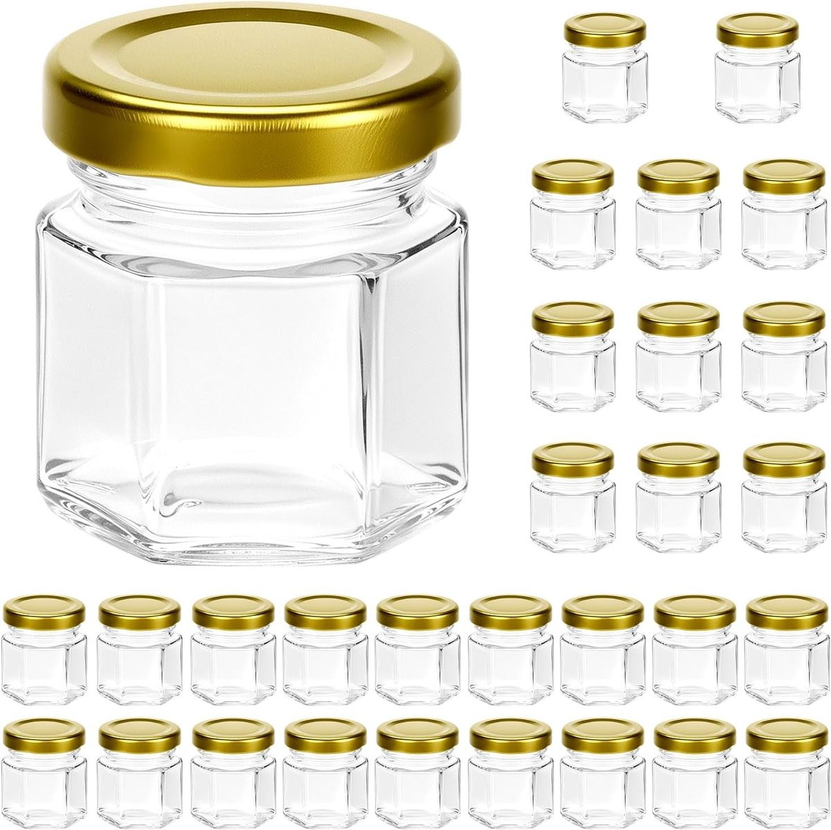 30 stuks Mini Hexagon Glazen Potjes 45ml met Gouden Deksels voor Opslag en Decoratie