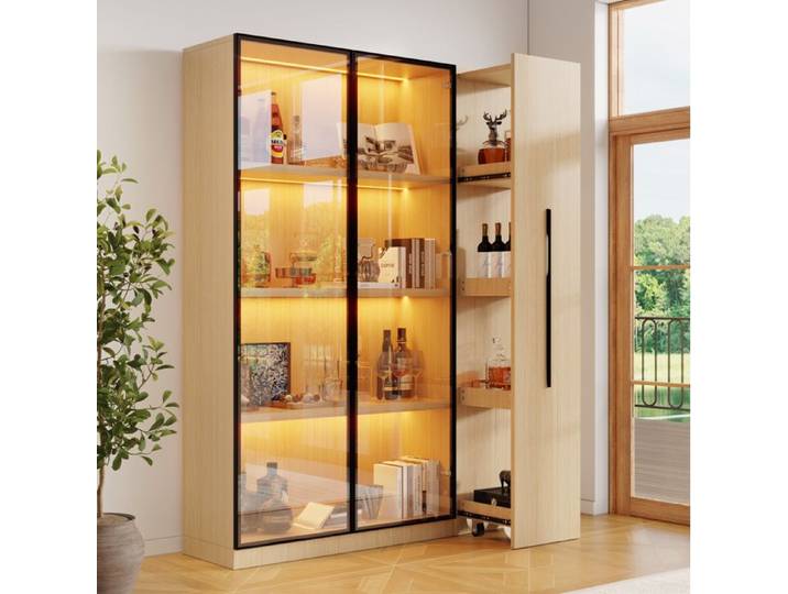 Vitrine bibliothèque LED – module coulissant – décor chêne – 110 5 x 35 x 160 cm