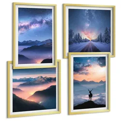 BILDER SET 4er Set - 50x50 cm & 40x60 cm Goldrahmen - Nachthimmel Berge Nebel Hirsch