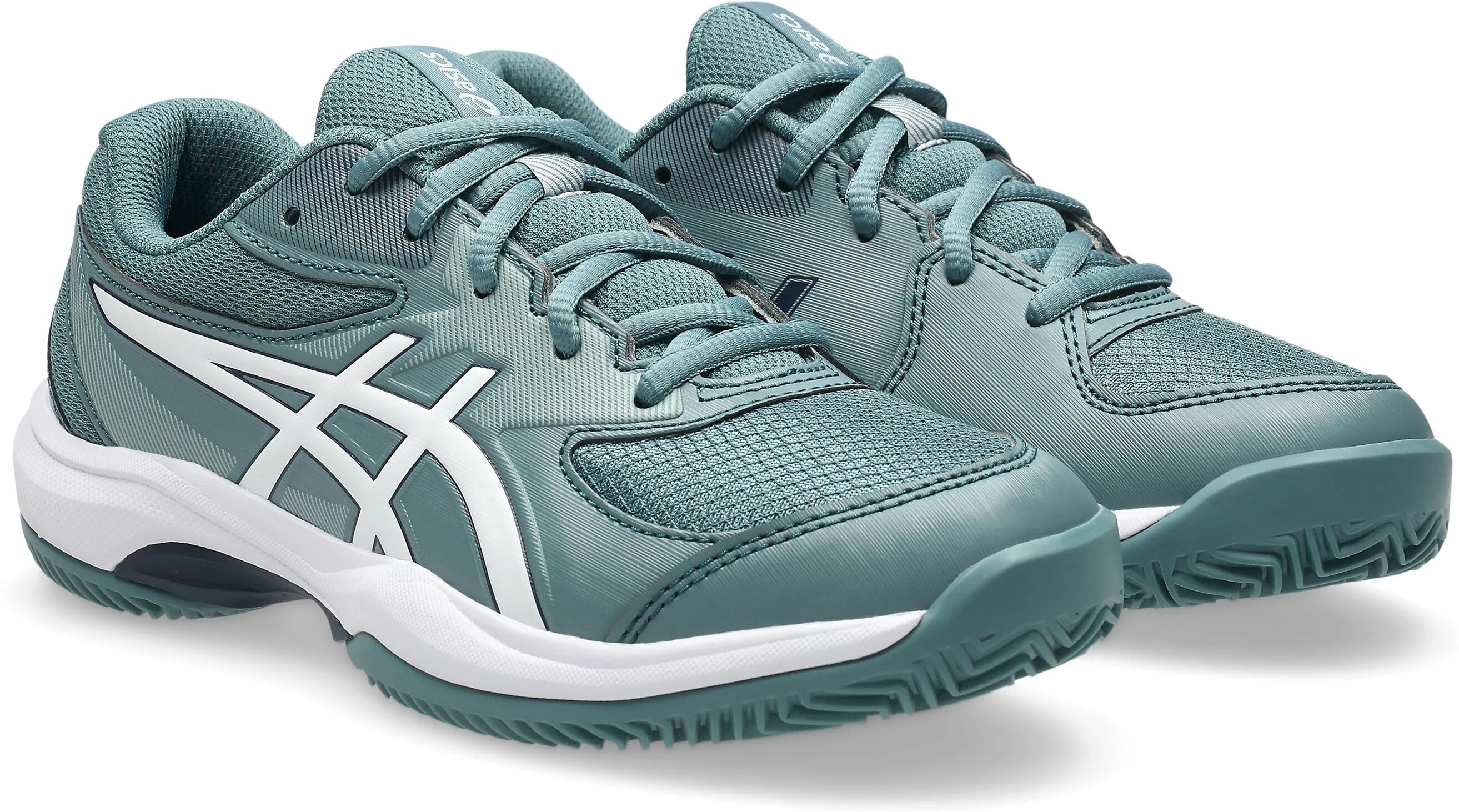 Tennisschuh ASICS "GEL-GAME 10 GS CLAY", Jungen, Gr. 39,5, grün (foggy teal, weiß), Synthetik, Schuhe Tennisschuh, Sandplatzschuhe für Ascheplätze foggy teal, weiß 39,5
