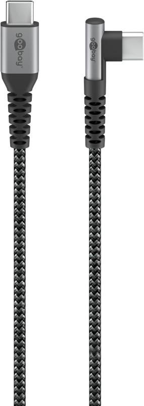Goobay 64659 USB-C naar USB-C textielkabel met metalen connectoren, 90 graden, 1 meter, ruimtegrijs/zilver