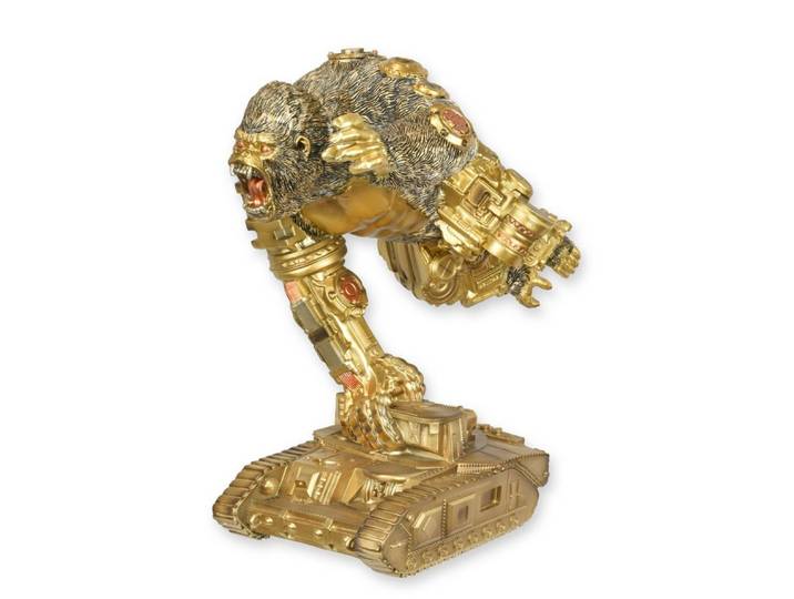 Aubaho Dekoobjekt Steampunk-Figur Gorilla auf einem Panzer aus Kunstharz Replikat Retro
