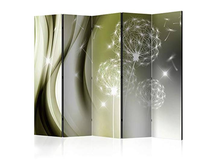 decomonkey Paravent Raumteiler Innen Pusteblume, 225x172 cm, 5-teilig Einseitig, Abstrakt, Wohnzimmer, Room Divider, Wall, Raumteiler Stehend, Trennwand, Sichtschutz, Spanische Wand, Holz
