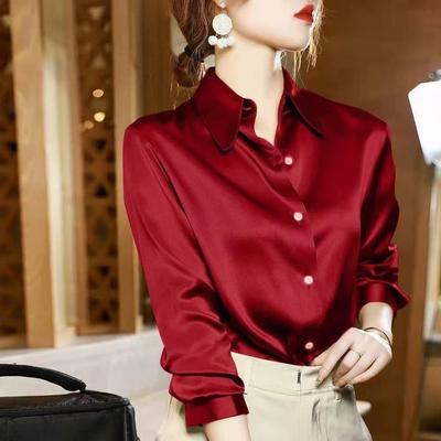 Silver Stone Store Casual Elegant Satin Long Sleeved Shirt For Office, Summer Trend Fashion Womens Shirts And Blouses, Slim Female Clothes black s