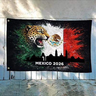 Mexiko-Flagge 2026 – mit wildem Jaguar, Nationalemblem, Stadtsilhouette, dynamischem Farbspritzer-Design, strapazierfähig
