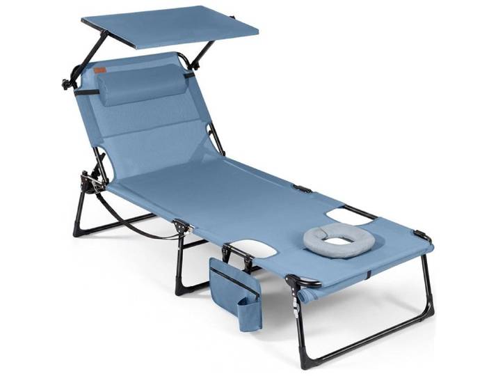 HOMECALL Bain de soleil chaise longue transat pliable avec ouverture faciale dossier réglable pare-soleil Coussin Bleu