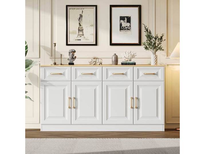 Buffet 140x40x75 cm avec 4 tiroirs 4 portes Long meuble de rangement Pour cuisine salle à manger salon Bois Blanc