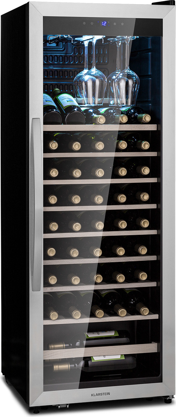 Klarstein Weinkühlschrank, Getränkekühlschrank Schmal, Kühlschrank mit Glastür, Getränkekühlschränke Freistehend, Weinkühlschrank Klein, Weinkühlschränke 1 Zonen, UV-Schutz, 4-18 °C, 46 Flaschen