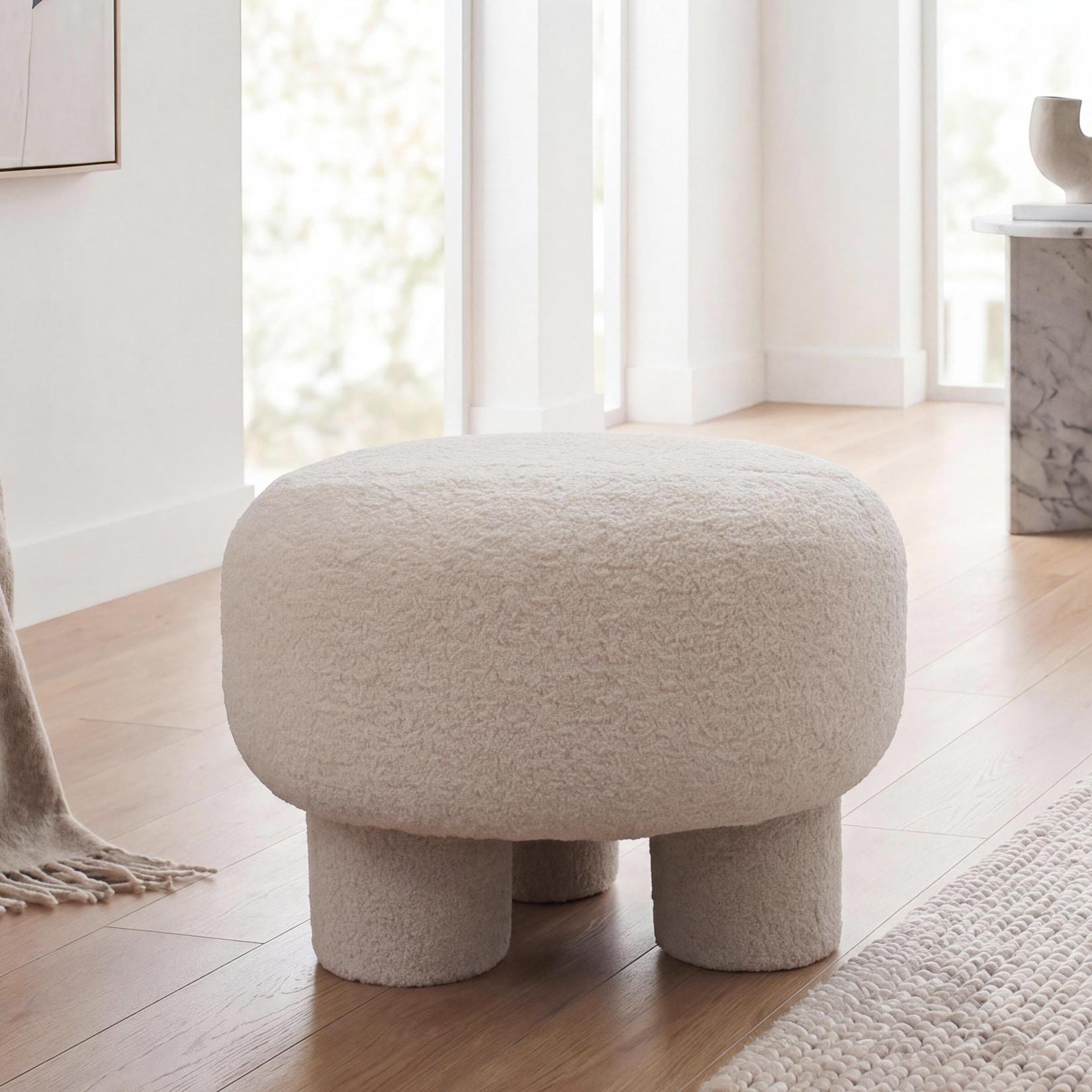 Hocker MCW-Q49, Sitzhocker Ottomane Polsterhocker Pouf, Stoff/Textil Bouclé (200g/m²) 55cm ~ creme