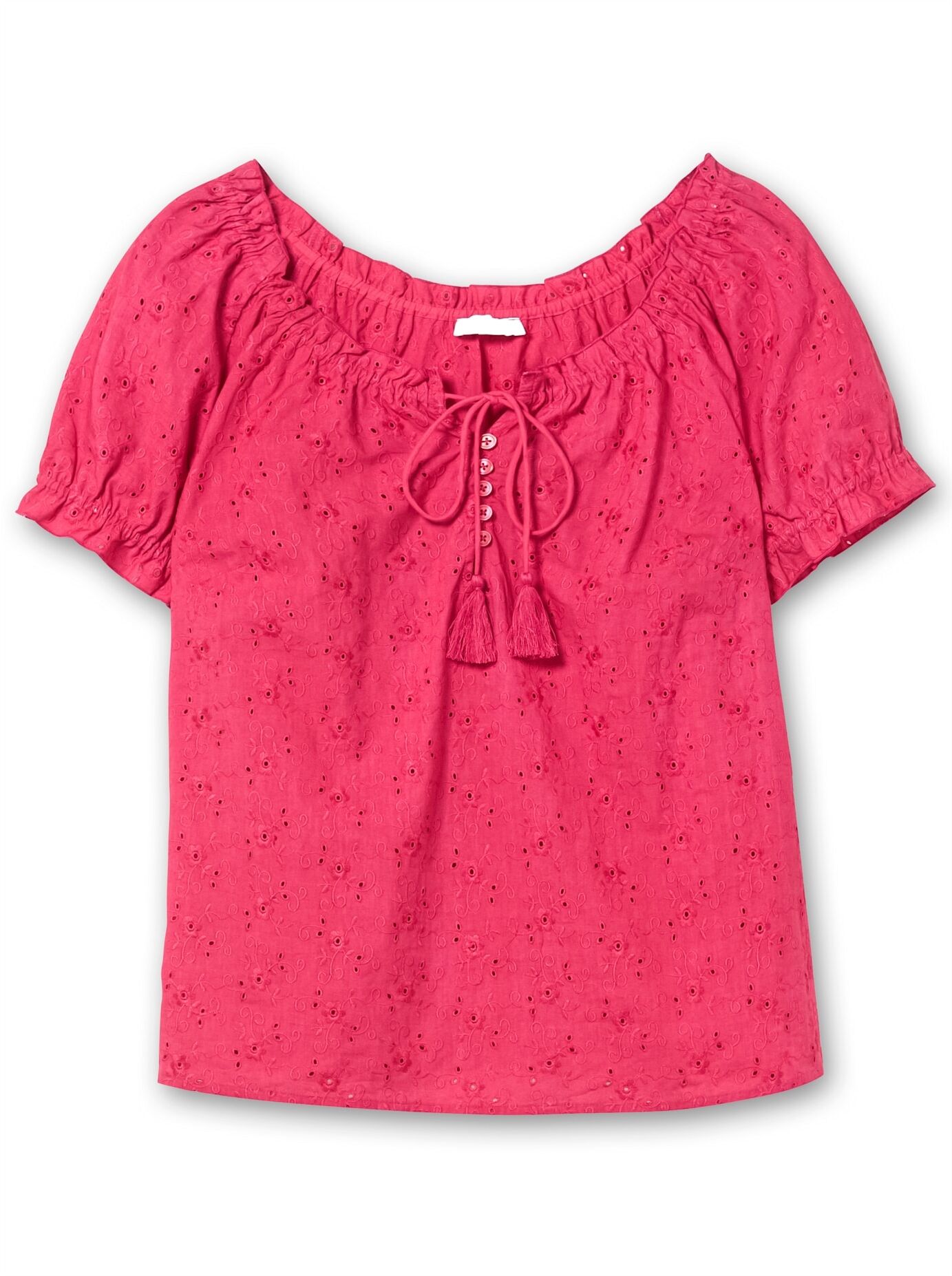 Kurzarmbluse SHEEGO BY JOE BROWNS, Damen, Gr. 52, pink, 100% Baumwolle, unifarben, Carmenausschnitt, Blusen Kurzarmbluse pink 52
