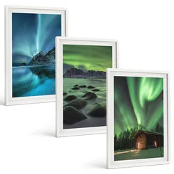 BILDER SET 3er Set - 40x60 cm Weißer Rahmen - Winterlandschaften, Nordlichter, Berge