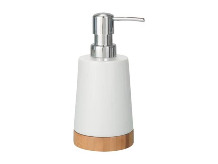WENKO Distributeur de Savon Bambou céramique Distributeur de Savon Liquide Blanc
