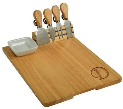 Picnic at Ascot Monogrammed Hardwood Charcuterie Board with Cheeese Knife Set and Ceramic Dish