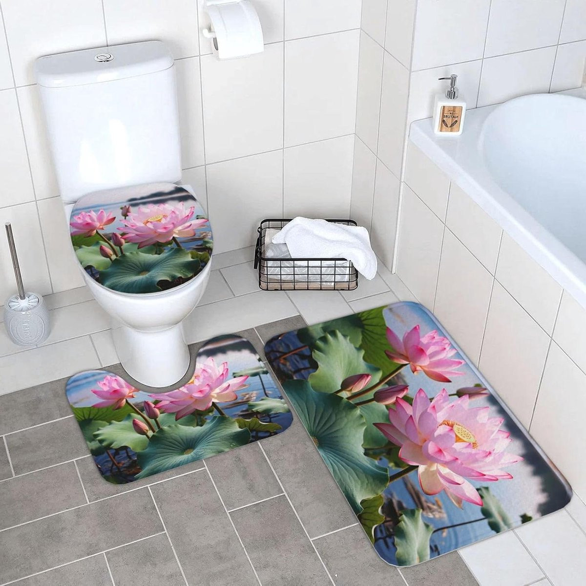 3-delige super absorberende badkamertapijt set met roze lotus design