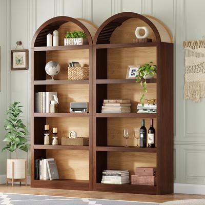 Kodotan sofa Freestanding Tall Bookshelves Set of 2, Farmhouse Two-Tone Open Storage Cabinet with Fabric Arched Top, 5-Tier Display Bookcase