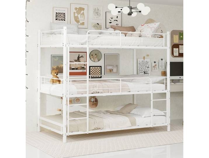 Lit superposé de 3 étages 90 x 190 cm avec échelle lit en métal avec balustrade lit pour enfants/adolescents/adultes - Blanc