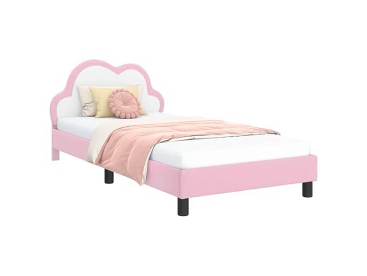 KTHLBRH Kinderbett mit Kopfteil rosa 90 x 190 cm aus Holz Technischer Holzrahmen, feste Lattenroste, kein Boxspring, niedriges Profil, Montage erforderlich