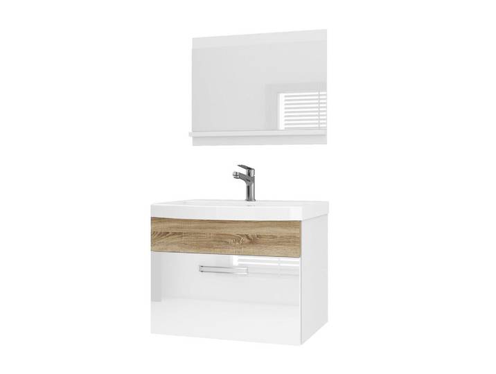 B Belini Group Badmöbel Badezimmer SET PRI Pm1, Weiß/Sonoma Eiche Hochglanz, 60 cm, Weiß, Sonoma Eiche, Holz, Rechteckig, 38.7x51x60 cm, Badezimmer, Badmöbelsets & Badmöbelserien, Badmöbel-Sets