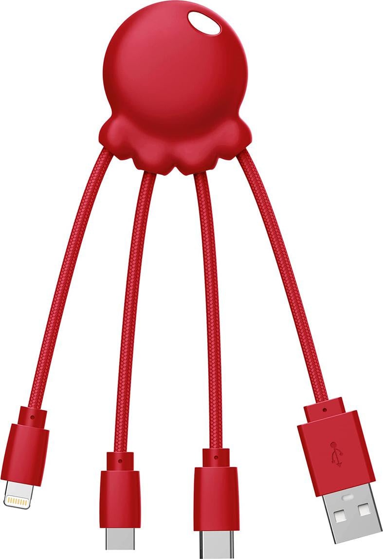 XOOPAR 4-in-1 USB-kabel octopusmodel met Micro-USB, USB-C en Lightning-aansluitingen, rood