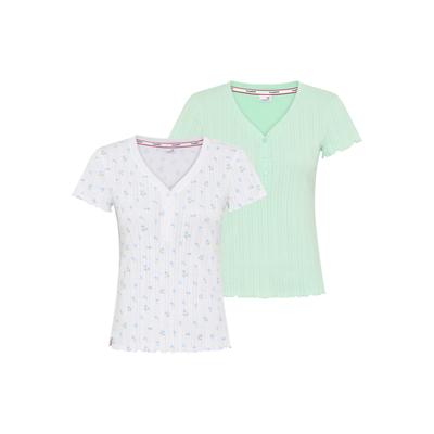 T-Shirt KANGAROOS, Damen, Gr. 32/34, bunt (weiß geblümt, hellgrün), Jersey, Obermaterial: 100% Baumwolle, geblümt, unifarben, figurbetont hüftlang, V-Ausschnitt, abgesteppte Kante, Shirts T-Shirt, mit Knopfleiste aus Pointelle