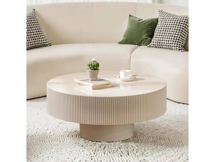 SOUWOFS 78,5CM Runder Couchtisch, Off-White, Geriffelte Struktur Moderner Beistelltisch, Zeitgenössischer Akzenttisch, Holz-Mitteltisch, Für Wohnzimmer Apartment